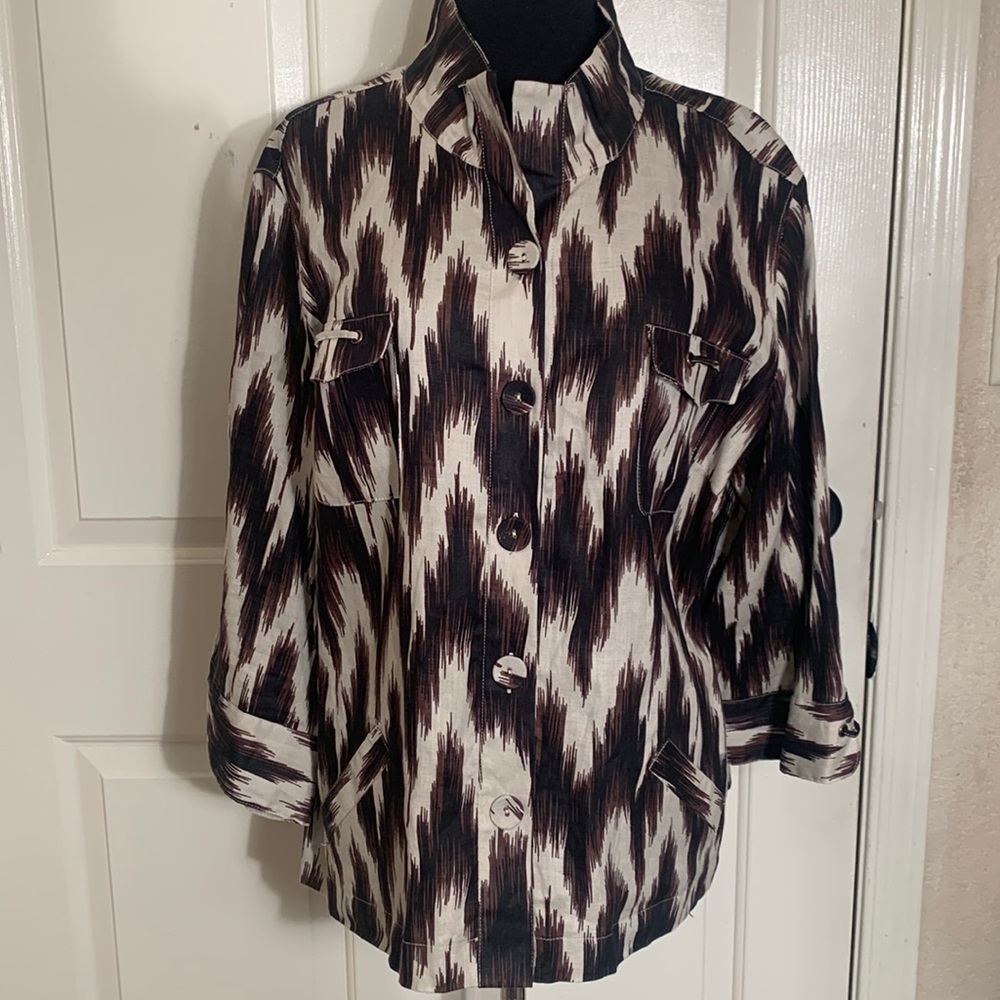 Chico's Ikat Linen Button Up Shirt Blazer
Jacket Boxy Brown Women's Plus…